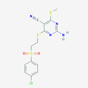 molecular formula C14H13ClN4O2S3 B460612 2-Amino-4-({2-[(4-chlorophenyl)sulfonyl]ethyl}sulfanyl)-6-(methylsulfanyl)-5-pyrimidinecarbonitrile CAS No. 445391-18-4