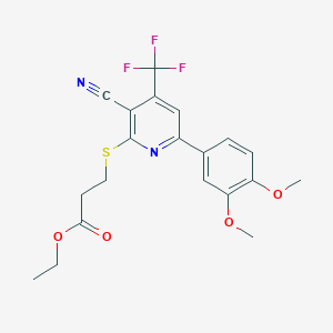 molecular formula C20H19F3N2O4S B460633 Ethyl 3-[3-cyano-6-(3,4-dimethoxyphenyl)-4-(trifluoromethyl)pyridin-2-yl]sulfanylpropanoate CAS No. 625376-45-6