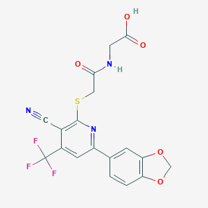 molecular formula C18H12F3N3O5S B460640 [({[6-(1,3-Benzodioxol-5-yl)-3-cyano-4-(trifluoromethyl)-2-pyridinyl]sulfanyl}acetyl)amino]acetic acid 