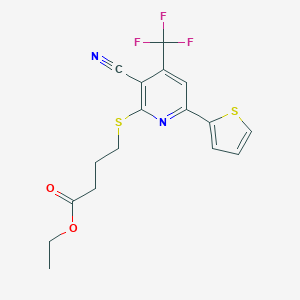 molecular formula C17H15F3N2O2S2 B460642 Ethyl 4-[3-cyano-6-thiophen-2-yl-4-(trifluoromethyl)pyridin-2-yl]sulfanylbutanoate CAS No. 625376-89-8