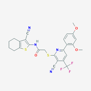 molecular formula C26H21F3N4O3S2 B460644 2-{[3-cyano-6-(2,4-dimethoxyphenyl)-4-(trifluoromethyl)-2-pyridinyl]sulfanyl}-N-(3-cyano-4,5,6,7-tetrahydro-1-benzothien-2-yl)acetamide 