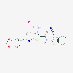 molecular formula C25H17F3N4O3S2 B460646 3-amino-6-(1,3-benzodioxol-5-yl)-N-(3-cyano-4,5,6,7-tetrahydro-1-benzothien-2-yl)-4-(trifluoromethyl)thieno[2,3-b]pyridine-2-carboxamide 