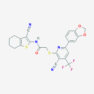 molecular formula C25H17F3N4O3S2 B460647 2-[6-(1,3-benzodioxol-5-yl)-3-cyano-4-(trifluoromethyl)pyridin-2-yl]sulfanyl-N-(3-cyano-4,5,6,7-tetrahydro-1-benzothiophen-2-yl)acetamide CAS No. 625377-08-4