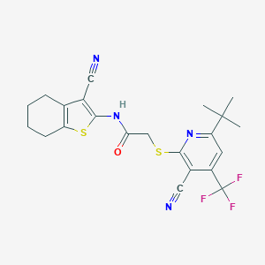 molecular formula C22H21F3N4OS2 B460648 2-[6-tert-butyl-3-cyano-4-(trifluoromethyl)pyridin-2-yl]sulfanyl-N-(3-cyano-4,5,6,7-tetrahydro-1-benzothiophen-2-yl)acetamide CAS No. 625377-42-6