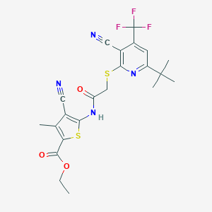 molecular formula C22H21F3N4O3S2 B460652 5-[[2-[6-叔丁基-3-氰基-4-(三氟甲基)吡啶-2-基]硫代乙酰基]氨基]-4-氰基-3-甲硫代噻吩-2-羧酸乙酯 CAS No. 625377-43-7