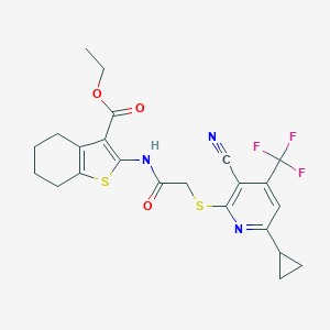 molecular formula C23H22F3N3O3S2 B460653 Ethyl 2-[[2-[3-cyano-6-cyclopropyl-4-(trifluoromethyl)pyridin-2-yl]sulfanylacetyl]amino]-4,5,6,7-tetrahydro-1-benzothiophene-3-carboxylate CAS No. 625377-49-3