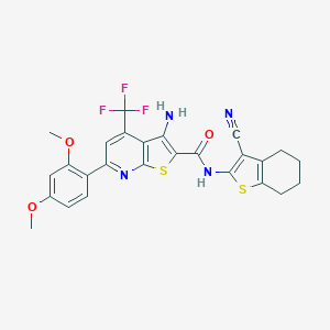 molecular formula C26H21F3N4O3S2 B460657 3-amino-N-(3-cyano-4,5,6,7-tetrahydro-1-benzothiophen-2-yl)-6-(2,4-dimethoxyphenyl)-4-(trifluoromethyl)thieno[2,3-b]pyridine-2-carboxamide 