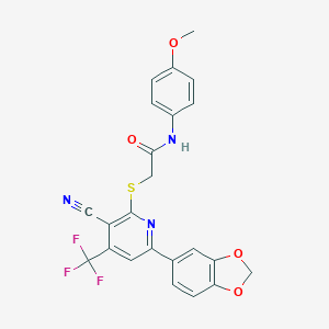 molecular formula C23H16F3N3O4S B460660 2-{[6-(1,3-benzodioxol-5-yl)-3-cyano-4-(trifluoromethyl)-2-pyridinyl]sulfanyl}-N-(4-methoxyphenyl)acetamide 