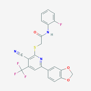 molecular formula C22H13F4N3O3S B460661 2-[6-(1,3-benzodioxol-5-yl)-3-cyano-4-(trifluoromethyl)pyridin-2-yl]sulfanyl-N-(2-fluorophenyl)acetamide CAS No. 625378-07-6