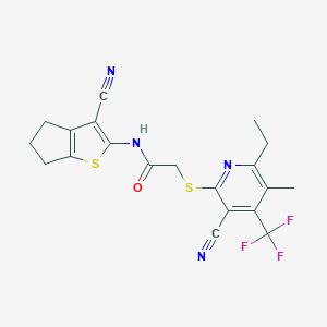 molecular formula C20H17F3N4OS2 B460673 N-(3-cyano-5,6-dihydro-4H-cyclopenta[b]thiophen-2-yl)-2-[3-cyano-6-ethyl-5-methyl-4-(trifluoromethyl)pyridin-2-yl]sulfanylacetamide CAS No. 664994-23-4