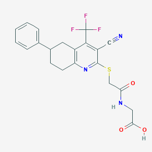 molecular formula C21H18F3N3O3S B460675 2-[[2-[[3-Cyano-6-phenyl-4-(trifluoromethyl)-5,6,7,8-tetrahydroquinolin-2-yl]sulfanyl]acetyl]amino]acetic acid 
