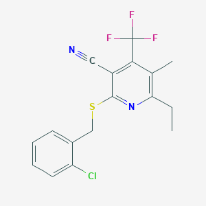 molecular formula C17H14ClF3N2S B460679 2-[(2-Chlorobenzyl)sulfanyl]-6-ethyl-5-methyl-4-(trifluoromethyl)nicotinonitrile CAS No. 664994-26-7