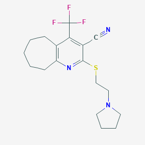 molecular formula C18H22F3N3S B460686 2-(2-pyrrolidin-1-ylethylsulfanyl)-4-(trifluoromethyl)-6,7,8,9-tetrahydro-5H-cyclohepta[b]pyridine-3-carbonitrile CAS No. 626221-63-4