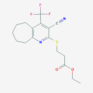 molecular formula C17H19F3N2O2S B460687 ethyl 3-[[3-cyano-4-(trifluoromethyl)-6,7,8,9-tetrahydro-5H-cyclohepta[b]pyridin-2-yl]sulfanyl]propanoate CAS No. 626227-56-3