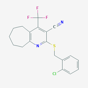 molecular formula C19H16ClF3N2S B460688 2-[(2-氯苄基)硫代]-4-(三氟甲基)-6,7,8,9-四氢-5H-环庚并[b]吡啶-3-腈 CAS No. 626227-53-0