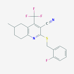 molecular formula C19H16F4N2S B460692 2-[(2-Fluorophenyl)methylsulfanyl]-6-methyl-4-(trifluoromethyl)-5,6,7,8-tetrahydroquinoline-3-carbonitrile CAS No. 626228-62-4