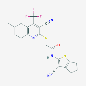 molecular formula C22H19F3N4OS2 B460696 N-(3-cyano-5,6-dihydro-4H-cyclopenta[b]thiophen-2-yl)-2-[[3-cyano-6-methyl-4-(trifluoromethyl)-5,6,7,8-tetrahydroquinolin-2-yl]sulfanyl]acetamide CAS No. 627053-28-5