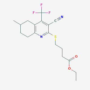 molecular formula C18H21F3N2O2S B460698 4-{[3-氰基-6-甲基-4-(三氟甲基)-5,6,7,8-四氢喹啉-2-基]硫代}丁酸乙酯 CAS No. 626228-63-5