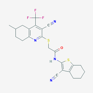 molecular formula C23H21F3N4OS2 B460702 2-[[3-cyano-6-methyl-4-(trifluoromethyl)-5,6,7,8-tetrahydroquinolin-2-yl]sulfanyl]-N-(3-cyano-4,5,6,7-tetrahydro-1-benzothiophen-2-yl)acetamide CAS No. 626228-69-1