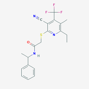 molecular formula C20H20F3N3OS B460704 2-{[3-cyano-6-ethyl-5-methyl-4-(trifluoromethyl)pyridin-2-yl]sulfanyl}-N-(1-phenylethyl)acetamide CAS No. 664999-19-3