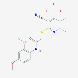 molecular formula C20H20F3N3O3S B460705 2-{[3-cyano-6-ethyl-5-methyl-4-(trifluoromethyl)pyridin-2-yl]sulfanyl}-N-(2,4-dimethoxyphenyl)acetamide 
