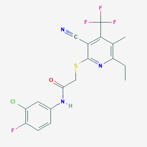 molecular formula C18H14ClF4N3OS B460706 N-(3-chloro-4-fluorophenyl)-2-[3-cyano-6-ethyl-5-methyl-4-(trifluoromethyl)pyridin-2-yl]sulfanylacetamide CAS No. 664999-23-9