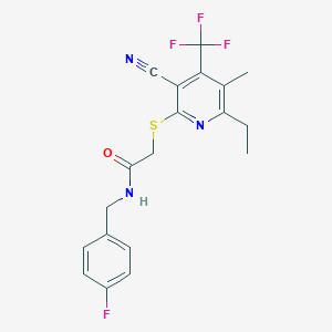 molecular formula C19H17F4N3OS B460708 2-[3-cyano-6-ethyl-5-methyl-4-(trifluoromethyl)pyridin-2-yl]sulfanyl-N-[(4-fluorophenyl)methyl]acetamide CAS No. 664999-24-0
