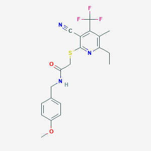 molecular formula C20H20F3N3O2S B460709 2-[3-cyano-6-ethyl-5-methyl-4-(trifluoromethyl)pyridin-2-yl]sulfanyl-N-[(4-methoxyphenyl)methyl]acetamide CAS No. 664999-20-6