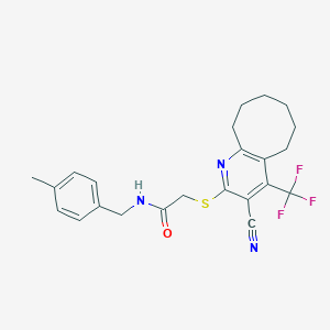 molecular formula C23H24F3N3OS B460710 2-[[3-cyano-4-(trifluoromethyl)-5,6,7,8,9,10-hexahydrocycloocta[b]pyridin-2-yl]sulfanyl]-N-[(4-methylphenyl)methyl]acetamide CAS No. 626228-81-7