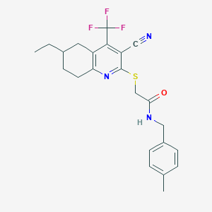molecular formula C23H24F3N3OS B460716 2-[[3-cyano-6-ethyl-4-(trifluoromethyl)-5,6,7,8-tetrahydroquinolin-2-yl]sulfanyl]-N-[(4-methylphenyl)methyl]acetamide CAS No. 664999-28-4
