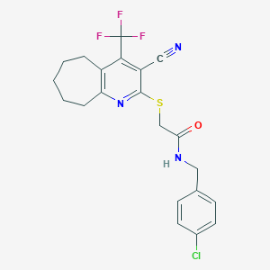 molecular formula C21H19ClF3N3OS B460721 N-[(4-chlorophenyl)methyl]-2-[[3-cyano-4-(trifluoromethyl)-6,7,8,9-tetrahydro-5H-cyclohepta[b]pyridin-2-yl]sulfanyl]acetamide CAS No. 626227-36-9