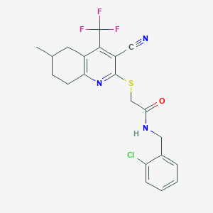 molecular formula C21H19ClF3N3OS B460723 N-[(2-chlorophenyl)methyl]-2-[[3-cyano-6-methyl-4-(trifluoromethyl)-5,6,7,8-tetrahydroquinolin-2-yl]sulfanyl]acetamide CAS No. 626228-72-6