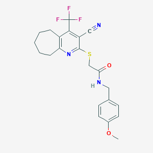 molecular formula C22H22F3N3O2S B460726 2-[[3-cyano-4-(trifluoromethyl)-6,7,8,9-tetrahydro-5H-cyclohepta[b]pyridin-2-yl]sulfanyl]-N-[(4-methoxyphenyl)methyl]acetamide CAS No. 626227-51-8