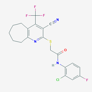 molecular formula C20H16ClF4N3OS B460727 N-(2-chloro-4-fluorophenyl)-2-[[3-cyano-4-(trifluoromethyl)-6,7,8,9-tetrahydro-5H-cyclohepta[b]pyridin-2-yl]sulfanyl]acetamide CAS No. 626227-45-0