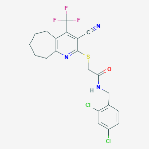 molecular formula C21H18Cl2F3N3OS B460729 2-[[3-cyano-4-(trifluoromethyl)-6,7,8,9-tetrahydro-5H-cyclohepta[b]pyridin-2-yl]sulfanyl]-N-[(2,4-dichlorophenyl)methyl]acetamide CAS No. 626227-47-2
