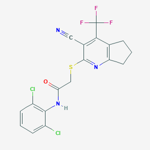 molecular formula C18H12Cl2F3N3OS B460730 2-[[3-cyano-4-(trifluoromethyl)-6,7-dihydro-5H-cyclopenta[b]pyridin-2-yl]sulfanyl]-N-(2,6-dichlorophenyl)acetamide CAS No. 626227-25-6