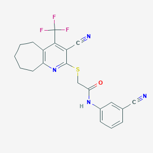 molecular formula C21H17F3N4OS B460732 N-(3-cyanophenyl)-2-[[3-cyano-4-(trifluoromethyl)-6,7,8,9-tetrahydro-5H-cyclohepta[b]pyridin-2-yl]sulfanyl]acetamide CAS No. 626228-76-0