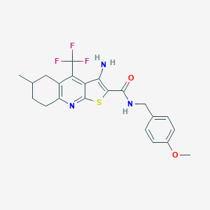 molecular formula C22H22F3N3O2S B460733 3-amino-N-[(4-methoxyphenyl)methyl]-6-methyl-4-(trifluoromethyl)-5,6,7,8-tetrahydrothieno[2,3-b]quinoline-2-carboxamide CAS No. 664999-34-2