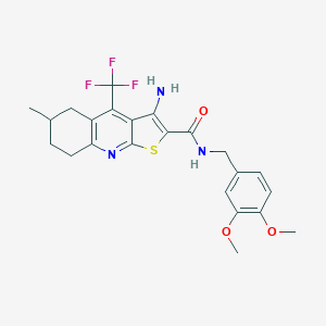 molecular formula C23H24F3N3O3S B460734 3-amino-N-[(3,4-dimethoxyphenyl)methyl]-6-methyl-4-(trifluoromethyl)-5,6,7,8-tetrahydrothieno[2,3-b]quinoline-2-carboxamide CAS No. 664999-32-0