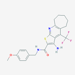molecular formula C22H22F3N3O2S B460737 6-amino-N-[(4-methoxyphenyl)methyl]-8-(trifluoromethyl)-4-thia-2-azatricyclo[7.5.0.03,7]tetradeca-1(9),2,5,7-tetraene-5-carboxamide 