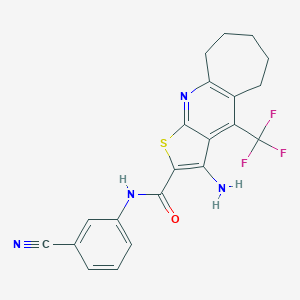 molecular formula C21H17F3N4OS B460739 6-Amino-N-(3-cyanophenyl)-8-(trifluoromethyl)-4-thia-2-azatricyclo[7.5.0.03,7]tetradeca-1(9),2,5,7-tetraene-5-carboxamide CAS No. 626228-78-2