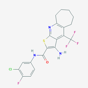 3-amino-N-(3-chloro-4-fluorophenyl)-4-(trifluoromethyl)-6,7,8,9-tetrahydro-5H-cyclohepta[b]thieno[3,2-e]pyridine-2-carboxamide