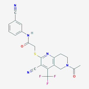 molecular formula C21H16F3N5O2S B460753 2-[[6-acetyl-3-cyano-4-(trifluoromethyl)-7,8-dihydro-5H-1,6-naphthyridin-2-yl]sulfanyl]-N-(3-cyanophenyl)acetamide CAS No. 664999-42-2
