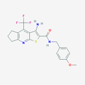 molecular formula C20H18F3N3O2S B460754 3-amino-N-(4-methoxybenzyl)-4-(trifluoromethyl)-6,7-dihydro-5H-cyclopenta[b]thieno[3,2-e]pyridine-2-carboxamide CAS No. 664999-46-6