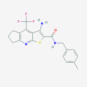 molecular formula C20H18F3N3OS B460755 6-Amino-N-[(4-methylphenyl)methyl]-8-(trifluoromethyl)-4-thia-2-azatricyclo[7.3.0.03,7]dodeca-1(9),2,5,7-tetraene-5-carboxamide CAS No. 664999-45-5