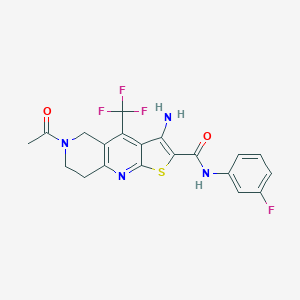molecular formula C20H16F4N4O2S B460761 6-acetyl-3-amino-N-(3-fluorophenyl)-4-(trifluoromethyl)-5,6,7,8-tetrahydrothieno[2,3-b][1,6]naphthyridine-2-carboxamide 