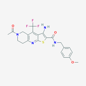 molecular formula C22H21F3N4O3S B460762 6-acetyl-3-amino-N-[(4-methoxyphenyl)methyl]-4-(trifluoromethyl)-7,8-dihydro-5H-thieno[2,3-b][1,6]naphthyridine-2-carboxamide 