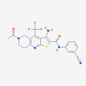 molecular formula C21H16F3N5O2S B460763 6-乙酰-3-氨基-N-(3-氰基苯基)-4-(三氟甲基)-5,6,7,8-四氢噻吩并[2,3-b][1,6]萘啶-2-甲酰胺 CAS No. 664999-49-9