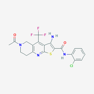 molecular formula C20H16ClF3N4O2S B460764 6-acetyl-3-amino-N-(2-chlorophenyl)-4-(trifluoromethyl)-5,6,7,8-tetrahydrothieno[2,3-b][1,6]naphthyridine-2-carboxamide 