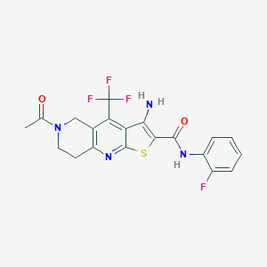 molecular formula C20H16F4N4O2S B460766 6-acetyl-3-amino-N-(2-fluorophenyl)-4-(trifluoromethyl)-5,6,7,8-tetrahydrothieno[2,3-b][1,6]naphthyridine-2-carboxamide 